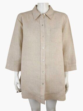 Edward Irish Linen Beige Button Up 3/4 Sleeve Tunic Shirt Womens L